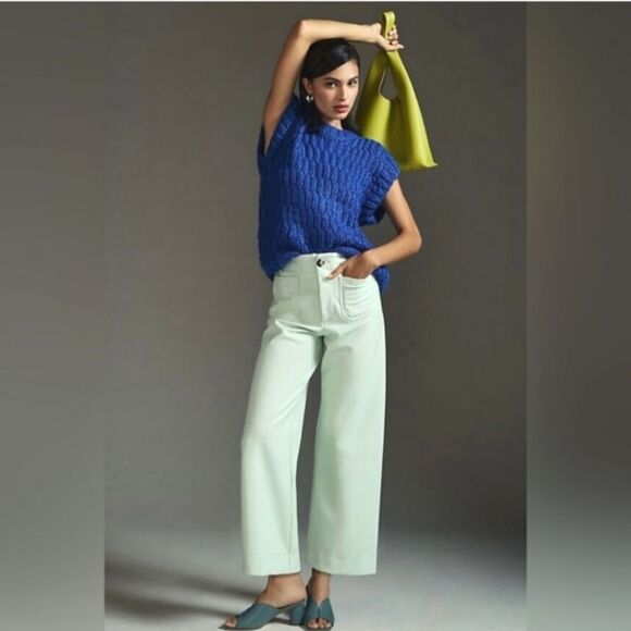 Anthropologie Maeve The Colette Cropped Wide Leg Faux Leather Green Pants - 24